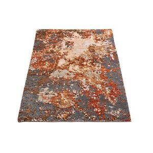 2'6"x4'1" Gray Abstract Design Wool and Silk Hi-Low Pile Denser Weave Rug R66539