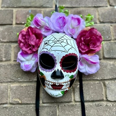 Dia De Los Muertos Purple Sugar Skull Mask Spider Design Floral Fancy Dress - Image 1 of 2