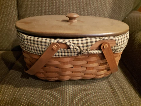 Longaberger Oval Market Rich Brown Basket - Checked Liner - Protector- Lid Cover