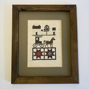 Bucilla Amish Life Cross Stitch Completed Framed Wall Art Horse Buggy Folk Art