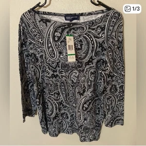 NWT Jones New York Large Black And White Paisley 3/4 Sleeve Knit Top Casual - Picture 1 of 3