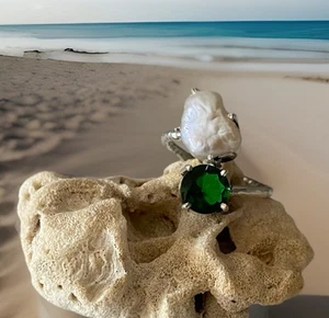 Size 9 Biwa Pearl & Green Quartz Crystal Ring -Sterling Silver plated 925 -New - Bild 1 von 5