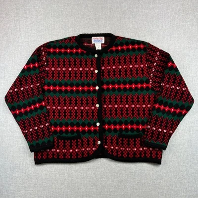 Cárdigan Suéter Tejido Acrílico XL Vintage Años 90 Tally-Ho Para Mujer Rojo Verde Fair Isle Foto 1 de 4
