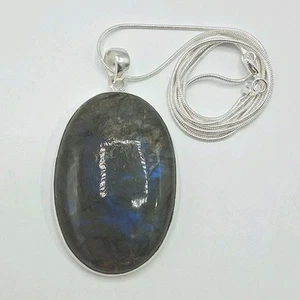 Large 2.5" Oval Labradorite 925 Sterling Silver Pendant & 925 Necklace 30" - Picture 1 of 14