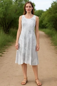 Picadilly Canada Sleeveless Dress Women’s M White Gray Floral Print A-Line Midi - Picture 1 of 13