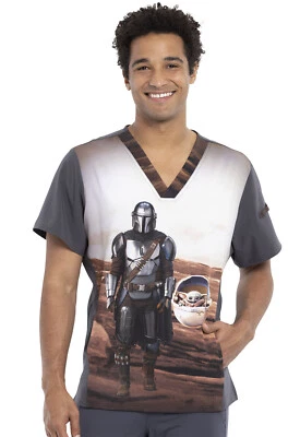 Mandalorian Cherokee Scrubs Tooniforms Star Wars Mens V Neck Top TF708 MDLO - Image 1 of 4