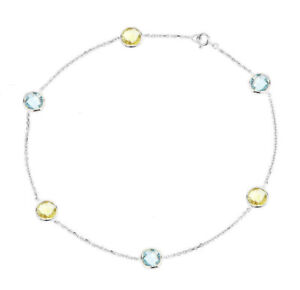 14K White Gold Anklet Bracelet with Blue And Lemon Topaz Gemstones 9.5 Inches