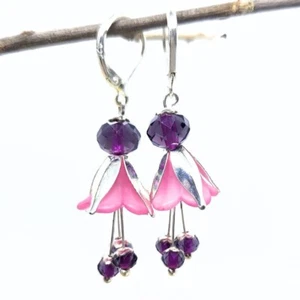 Handmade Pink Flower Earrings - Dangle Drop Floral Earrings - Picture 1 of 3