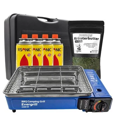 EVERSMOKE Evergrill Gasgrill + Gaskartuschen + Kräuterbuttergewürz Campinggrill Tischgrill