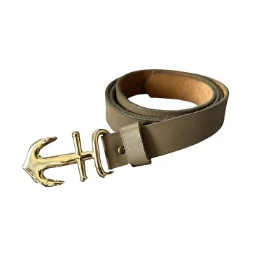 Винтажный серо-коричневый кожаный ремень узкий золотой тон якорь пряжка женщин размер маленький опрятный - Изображение 1 из 2