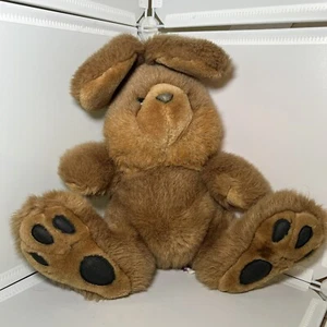 Peluche vintage Mervyns Playful Pals coniglietto marrone coniglio nero piedi in vinile imbottiti - Foto 1 di 7