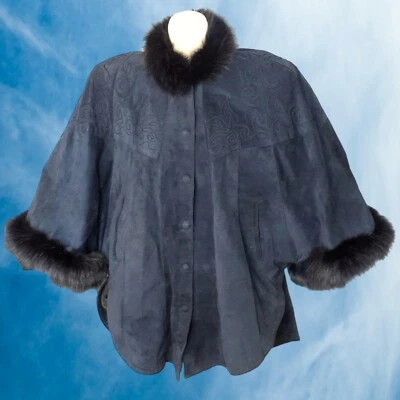 Vintage VITA PARIS Navy Blue Black Suede Leather Convertible Cape Poncho Fox Fur - Image 1 of 4