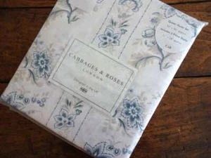 CABBAGES & ROSES India Rose BLUE WHITE COTTON Percale QUEEN DUVET Sham SET 3PC - Picture 1 of 6