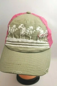 ROXY Quiksilver Trucker Hat Ball Cap Taupe/Pink Mesh Snapback Beach Palms Surf - Picture 1 of 7