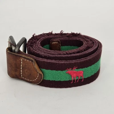 Vintage Abercrombie Canvas Leather Stripe Belt Brown Green Moose Logo Wool Blend - Image 1 of 4