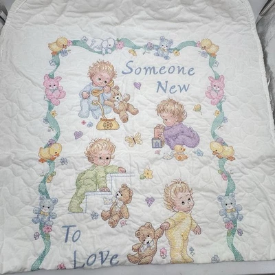 Baby Quilt Hand Cross Stitch Crib Play Blanket Toys Babies Pastel Cotton 42x31" - Image 1 of 4