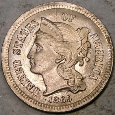 1865 THREE CENT NICKEL GORGEOUS FEATURES MASSIVE OBV/REV DIE CLASHING—DIE BREAK - Image 1 of 4
