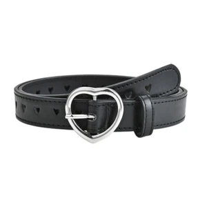 Girl Silver Heart Pin Buckle Solid Color Faux Leather Heart-shaped Holes Belt - Picture 1 of 16