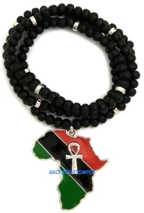 Ankh On Pan-African Africa Pendant Necklace 30 Inch Long 5mm Wood Bead Chain - Picture 1 of 22