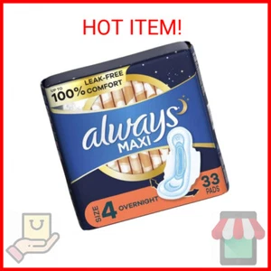 Always Maxi Overnight Pads with Wings, Size 4, Overnight, Unscented, 33 CT - Picture 1 of 2