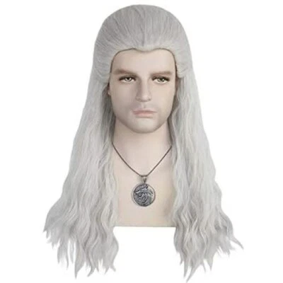 Gorra de pelo Anogol Peluca blanca plateada Juegos con disfraces para hombres ondulada para Halloween con cadena Foto 1 de 4