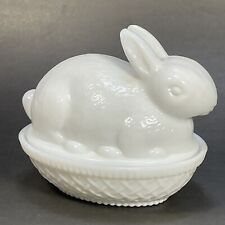 Imperial Milk Glass bunny rabbit on nest basket Easter egg covered candy dish 4"