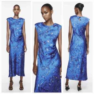 ZARA Dress Large Blue Satin Ruched Midi Length Shoulder Pads Sleeveless XL - Picture 1 of 20