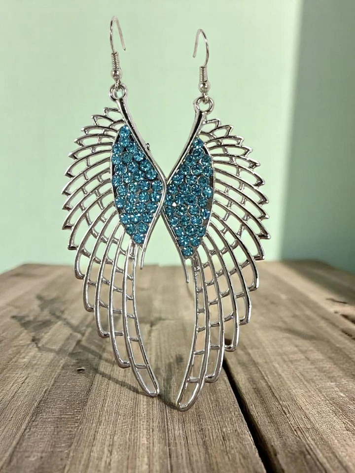 Pendientes de pluma de ángel gancho de cristal azul pendientes colgantes para mujer regalo Foto 1 de 3