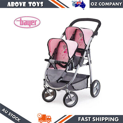 Bayer Twin Tandem Pram Doll Stroller Pink & Grey Toddler For Kids 3y+ Toy • 180.69$