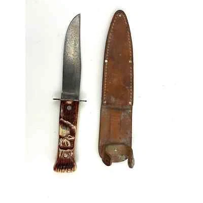 Faca de caça vintage colonial lâmina fixa cabo plástico bainha de couro alce - Imagem 1 de 4