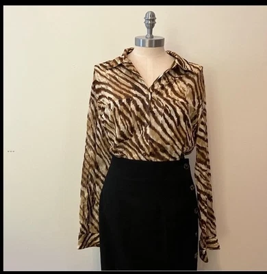 De colección Años 90 Liz Claiborne Talla Blusa con botones estampado animal de tigre L algodón mafia esposa Foto 1 de 4