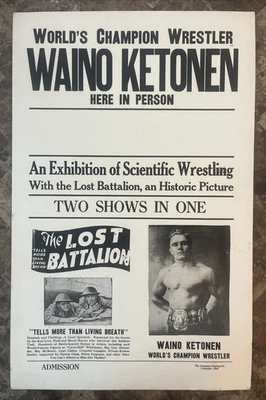 RARO 1919 Campeón Waino Ketonen Lucha Exposición Batallón Perdido Póster Foto 1 de 4