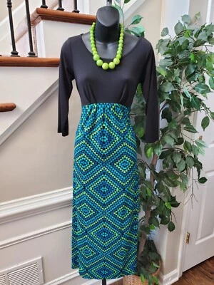 Bob Mackie Women's Black & Blue Round Neck Long Sleeves Long Maxi Dress Size XXS - Image 1 of 4