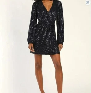 Lulu's Midnight Sequin Long Sleeve Wrap Mini Dress Size Small Party Formal NWT - Picture 1 of 11