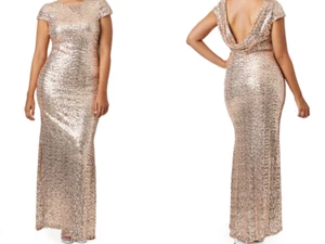 Badgley Mischka Award Winner Sequin Gown Gold Back Drape Cap Sleeve Stretch 16 - Picture 1 of 9