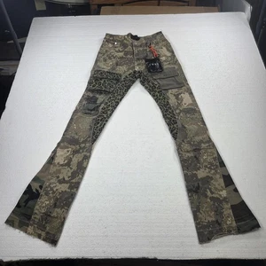 THRT Pants Mens 28 Green Camo Yucatan Flare Cargo Leopard Panel Streetwear - Foto 1 di 10