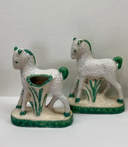 Vintage Horse Vases Pair White Froth Glaze Green Trim ~ Made in France - Picture 1 of 7