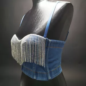Women Diamante Tassel Denim Crop Tank Top Bustier Bra Bralette Corset Punk Club - Picture 1 of 5