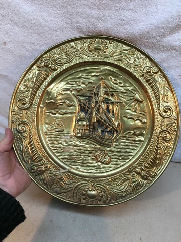 vtg Brass Stove pipe cover plate fire place Sailing Ship Nautical  Scene 14in Cover