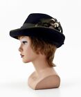Damen Vintage Filz Hut mit Krempe+Feder Bräuer Hüte Leipzig blau Gr. 51 cm