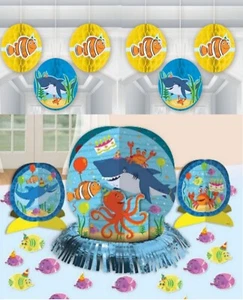 Under the Sea Birthday Party Decorations Ocean Fish Shark Sea Life & POMPOMS SET - Picture 1 of 3