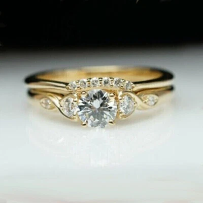 1.45 Ct Round Cut Diamond Wedding Band Bridal Ring Set 14K Yellow Gold Finish - Image 1 of 4