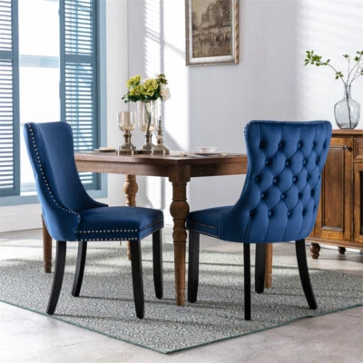 Dining Chairs Set of 2 Blue Velvet Upholstered Chairs w/Wing-Back &Nailhead Trim - Image 1 of 4