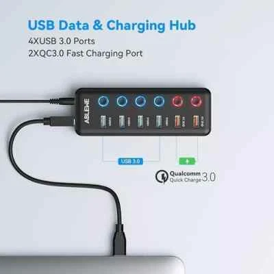 ABLEWE Hub USB 3.0 Alimentato 6 In 1, con 4 Porte USB 3.0 e 2 Porte Ricarica - Immagine 1 di 4