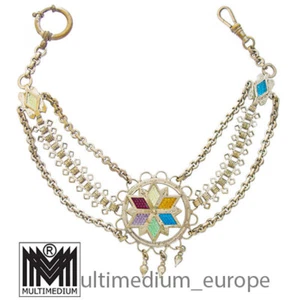 Antikes Jugendstil Chatelaine Uhrkette Glas Metall verchromt um 1900 - Bild 1 von 2