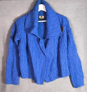 Carraig Donn Ireland 100% Pure New Wool Cable Knit Cardigan Button Blue Women M - Picture 1 of 8