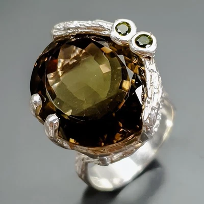 Anillo de cuarzo ahumado natural hecho a mano de 24 quilates + plata de ley 925 talla 8/R418410 Foto 1 de 4
