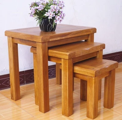 Nest Of 3 Tables Solid Oak Side End Table Wooden Lamp Stand Coffee Nesting Set - Image 1 of 4