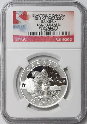 Hermosa moneda de plata O Canada Inukshuk 2013 S$10 - NGC PF69 mate - ER Foto 1 de 2