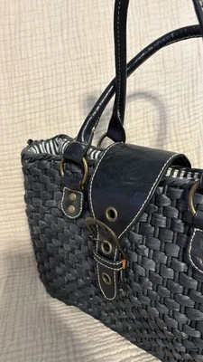 Black Woven Straw Purse Lined With Double Leather  Handles Snap Closure  - Image 1 of 4